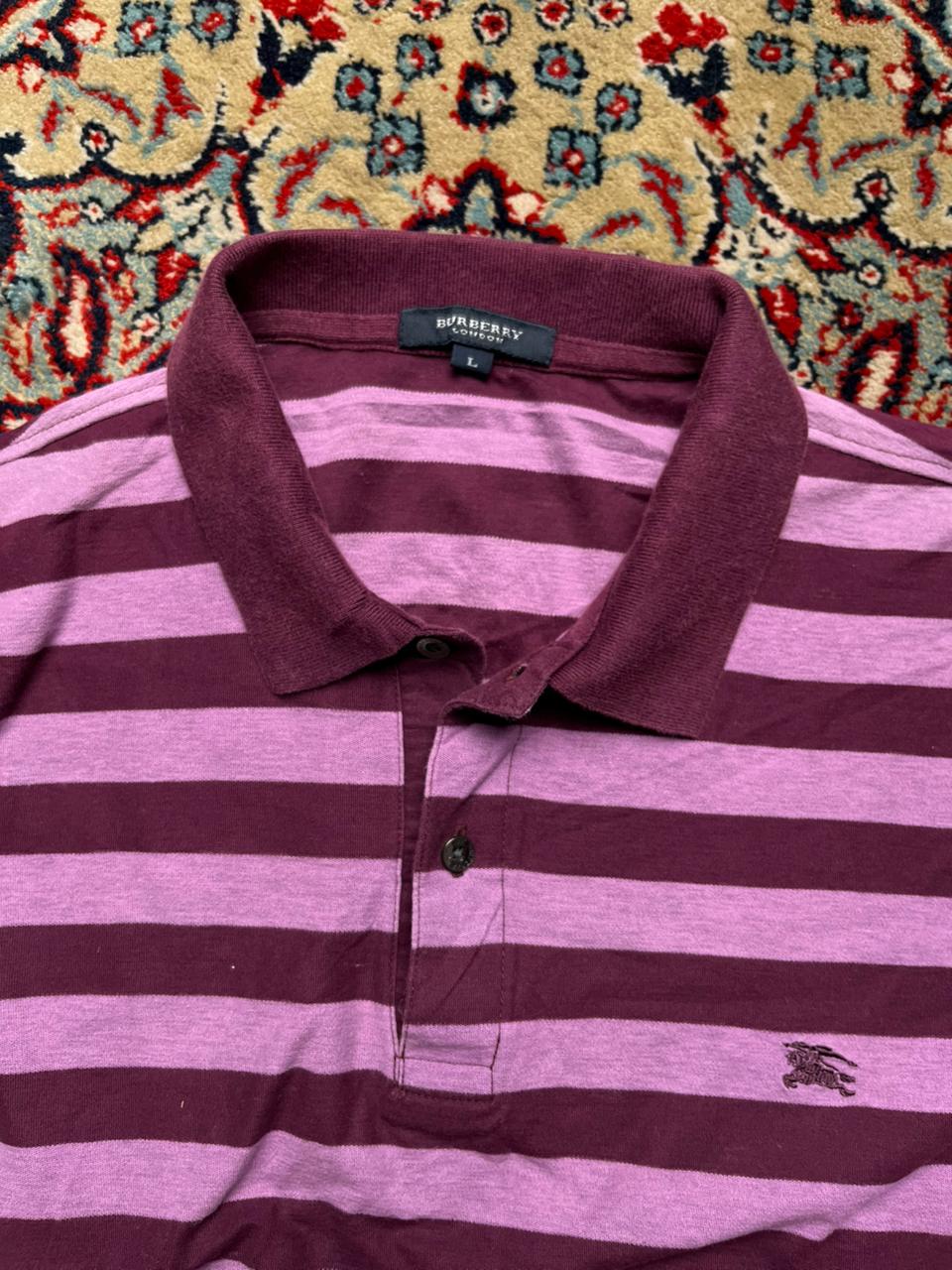 Burberry London Purple Striped Luxury Polo Tee - L