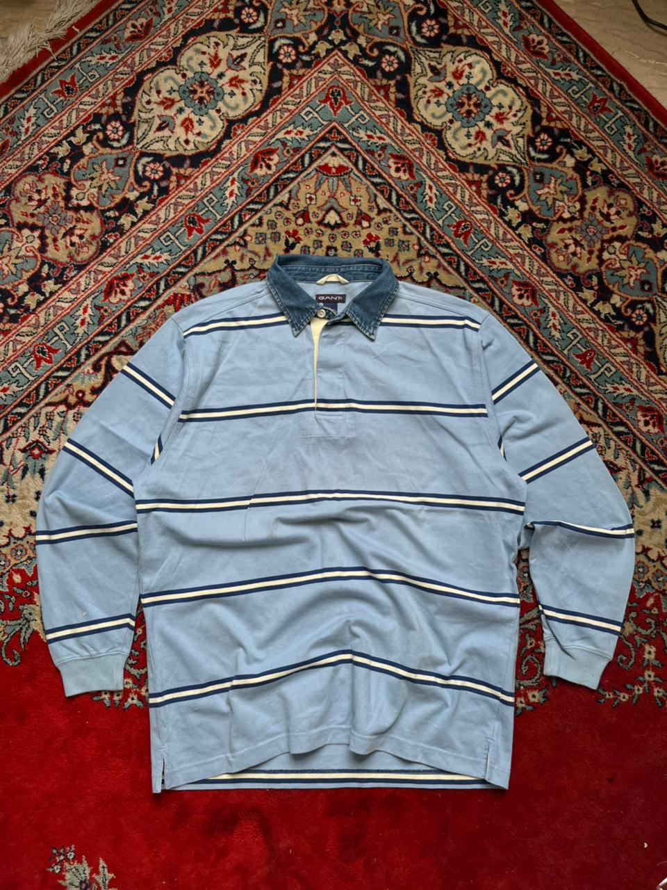 Vintage GANT Striped Heavy Cotton Denim Collar Rugby POLO TEE - XL