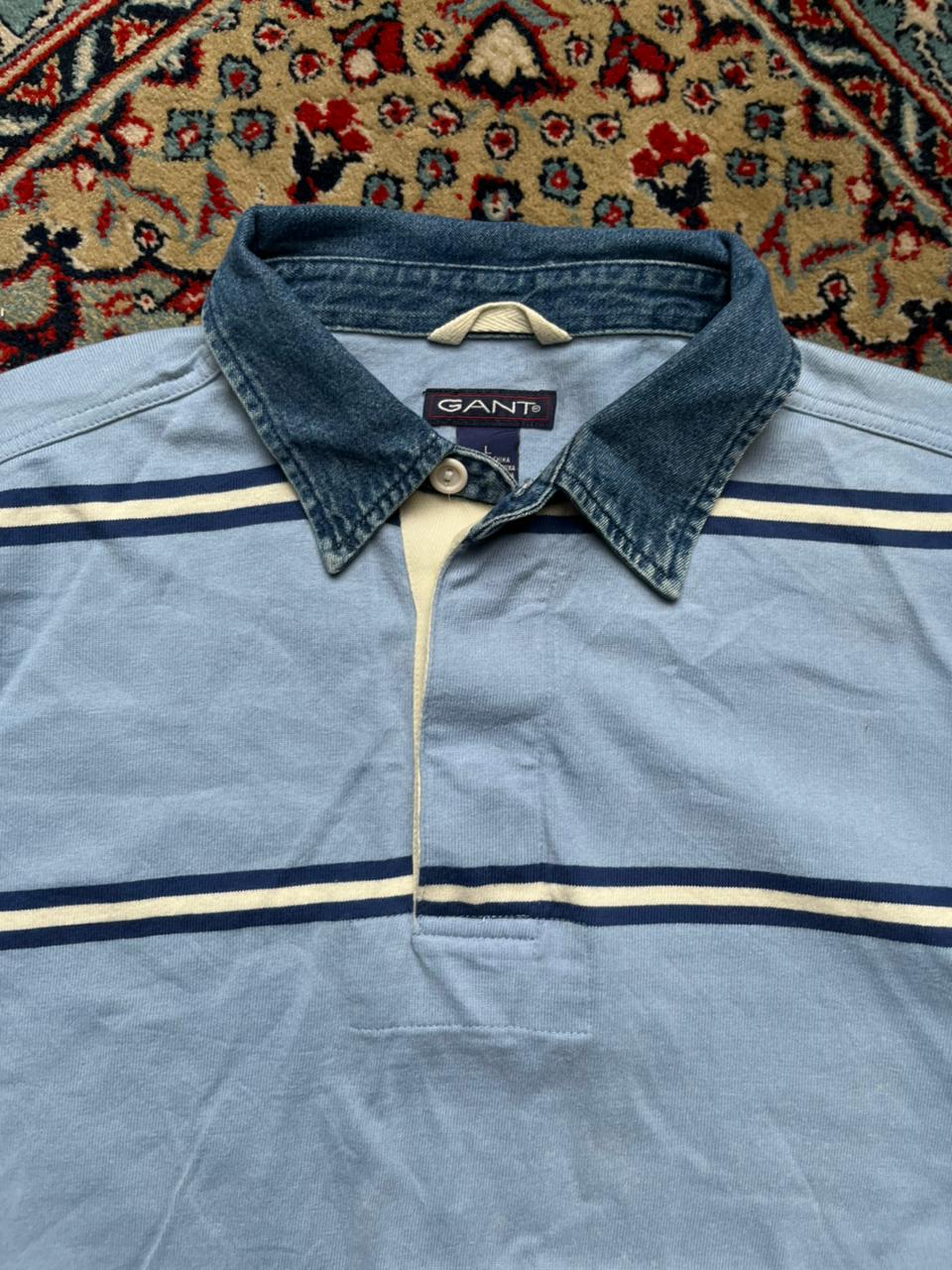 Vintage GANT Striped Heavy Cotton Denim Collar Rugby POLO TEE - XL