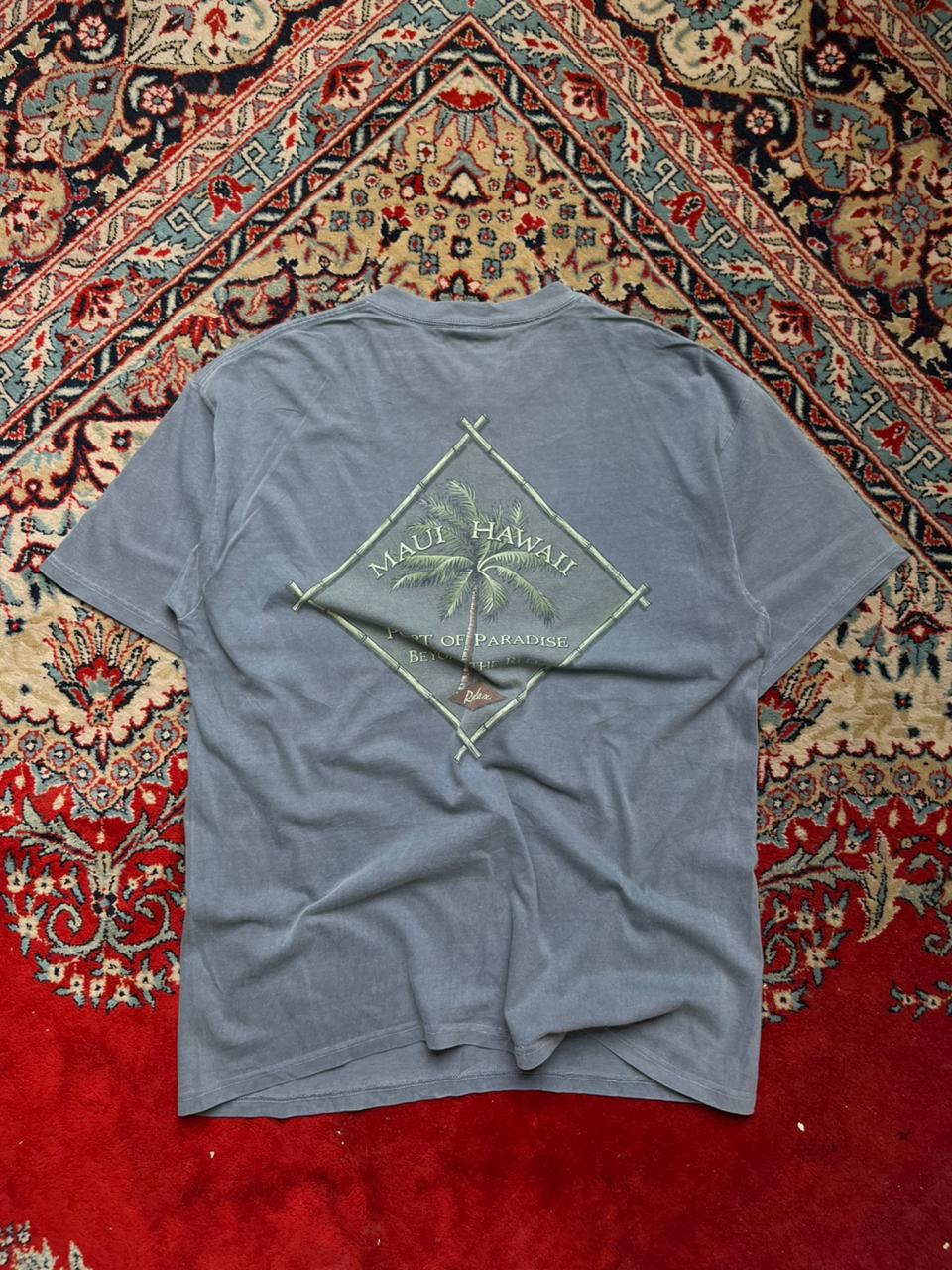Blackwater Bay Maui Hawaii Palm Tree Graphic Faded Blue Tee - XL