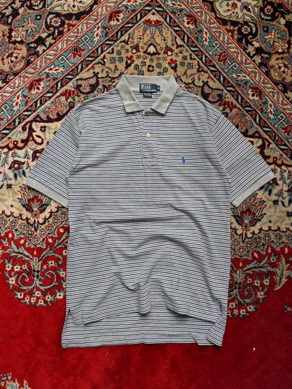 Polo Ralph Lauren Grey Striped Polo Tee - M