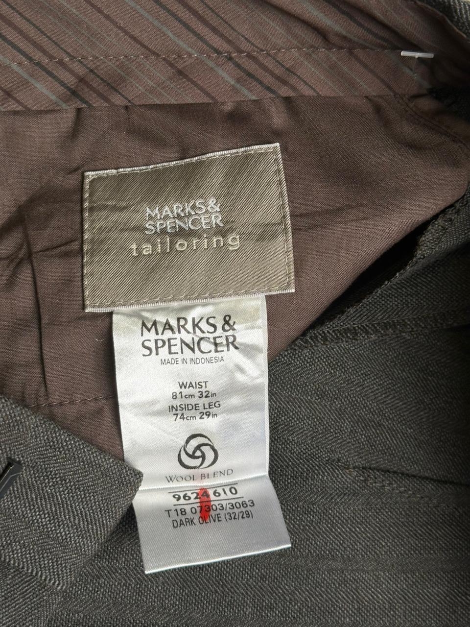 Marks & Spencer Tailoring Dark Olive Wool Blend Lightweight Linen-ish Herringbone Pleated Dress Pants - 32