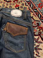 Bonaventure Distressed Dark WashED Straight FIT Leather Flap Pocket JEANS - 28
