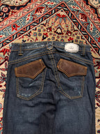 Bonaventure Distressed Dark WashED Straight FIT Leather Flap Pocket JEANS - 28