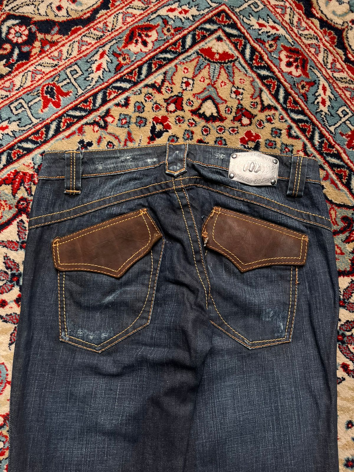 Bonaventure Distressed Dark WashED Straight FIT Leather Flap Pocket JEANS - 28