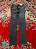 Bonaventure Distressed Dark WashED Straight FIT Leather Flap Pocket JEANS - 28