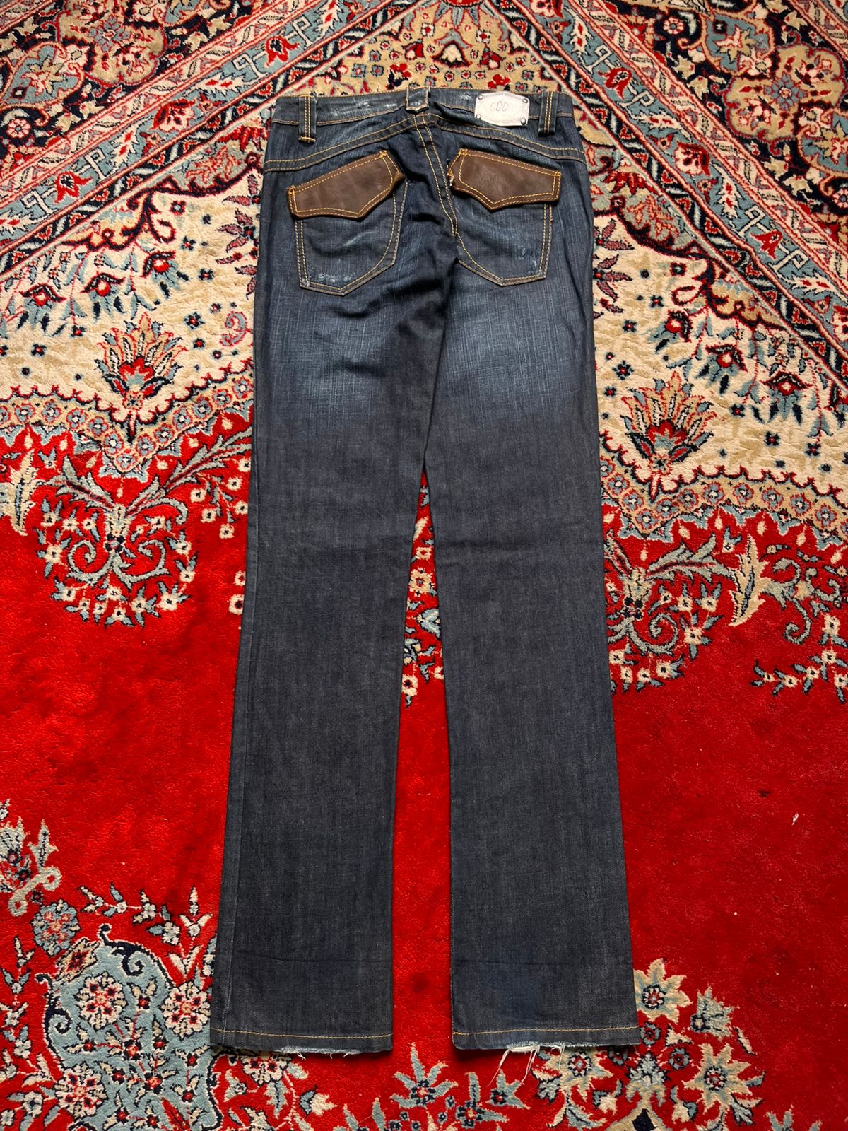 Bonaventure Distressed Dark WashED Straight FIT Leather Flap Pocket JEANS - 28