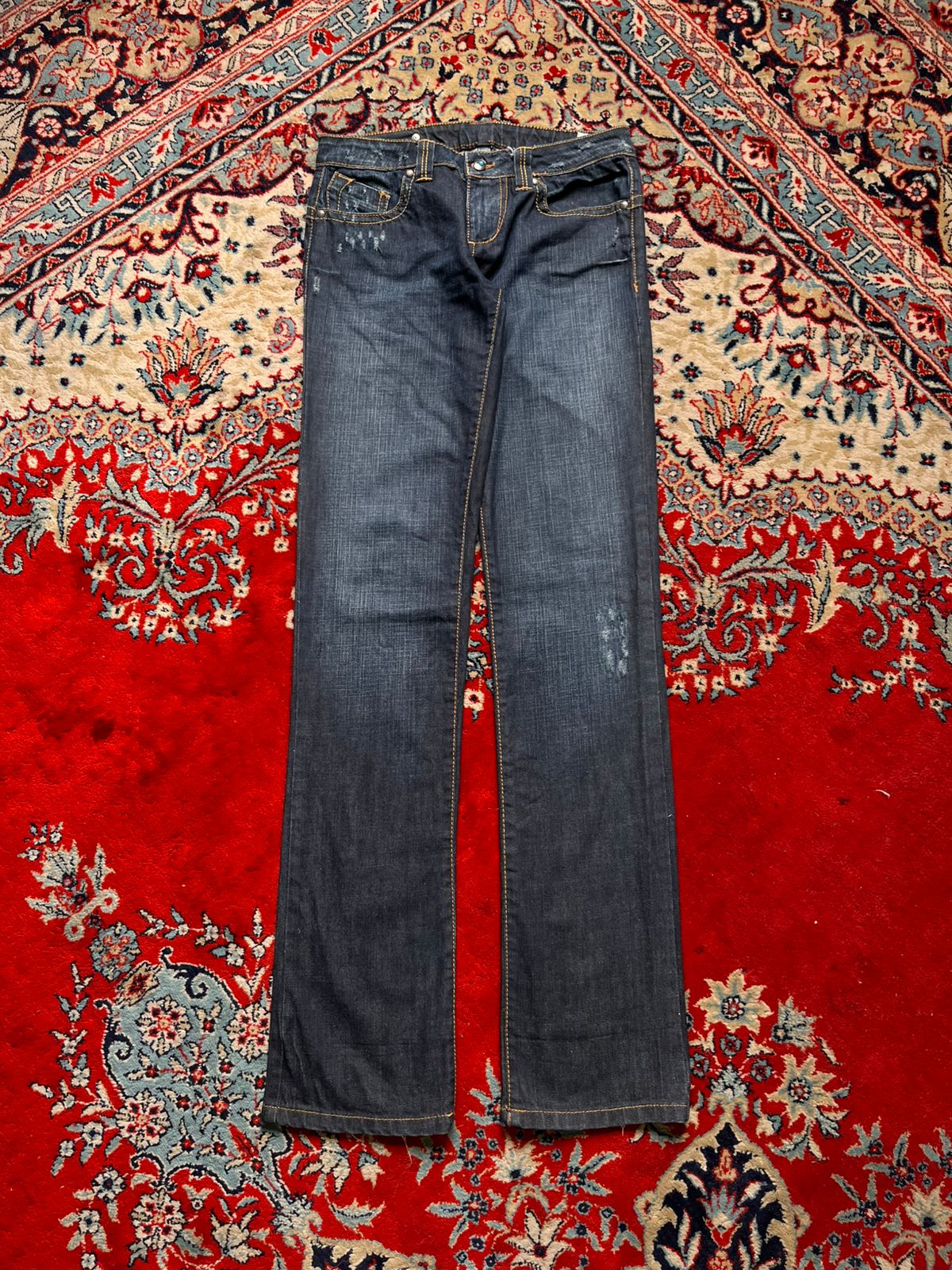 Bonaventure Distressed Dark WashED Straight FIT Leather Flap Pocket JEANS - 28