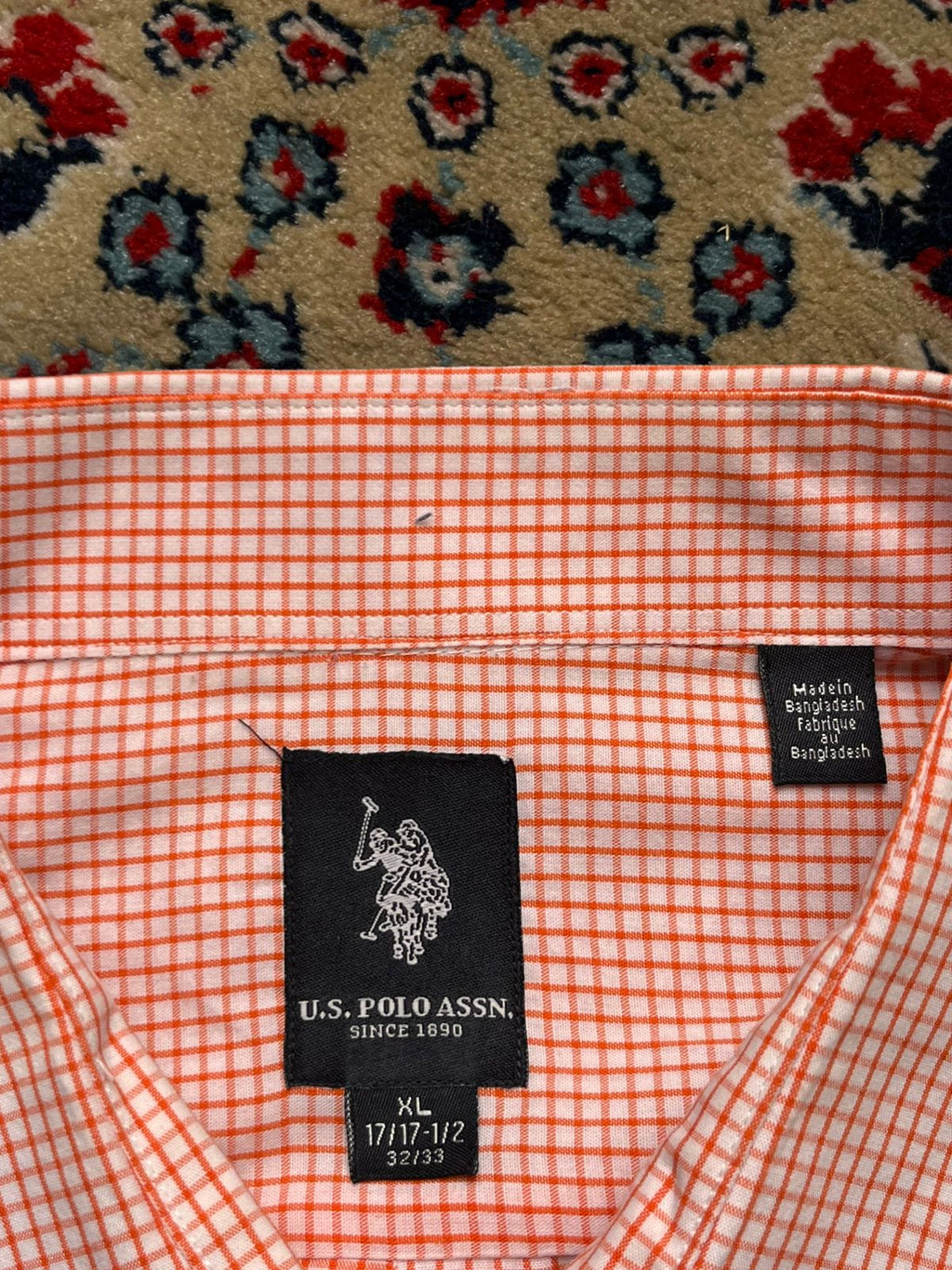 US Polo Assn Orange White Gingham Plaid Button Down Shirt - L