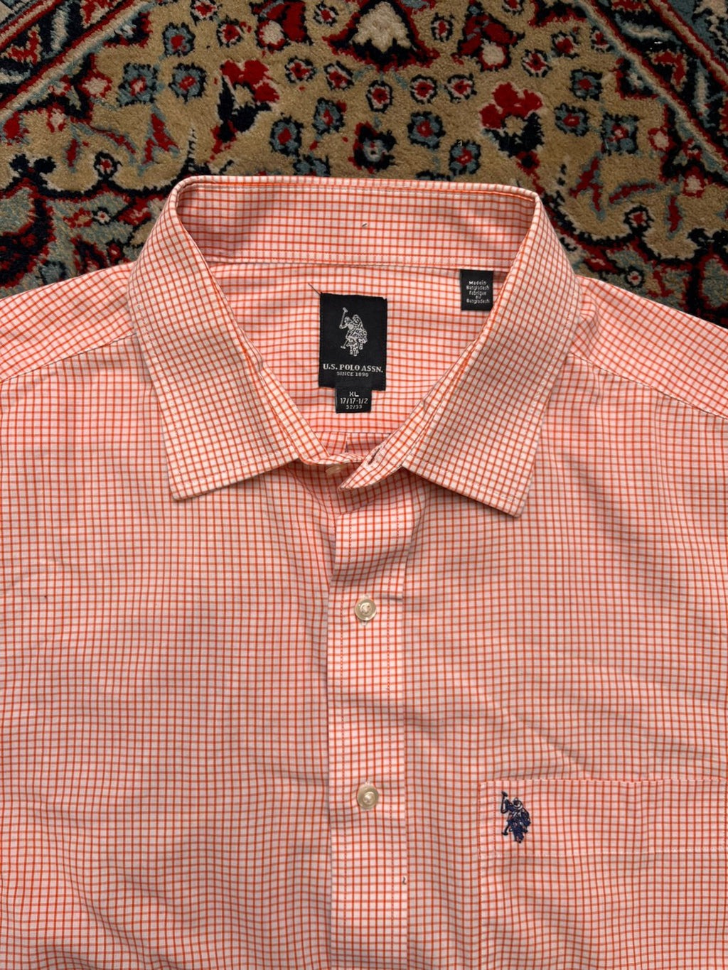US Polo Assn Orange White Gingham Plaid Button Down Shirt - L