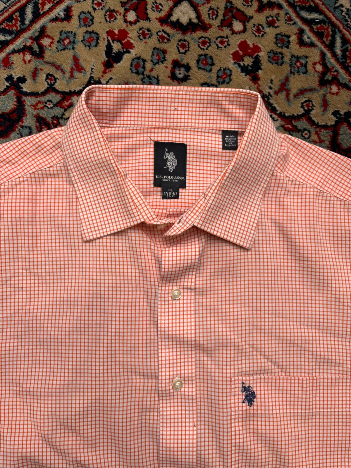 US Polo Assn Orange White Gingham Plaid Button Down Shirt - L