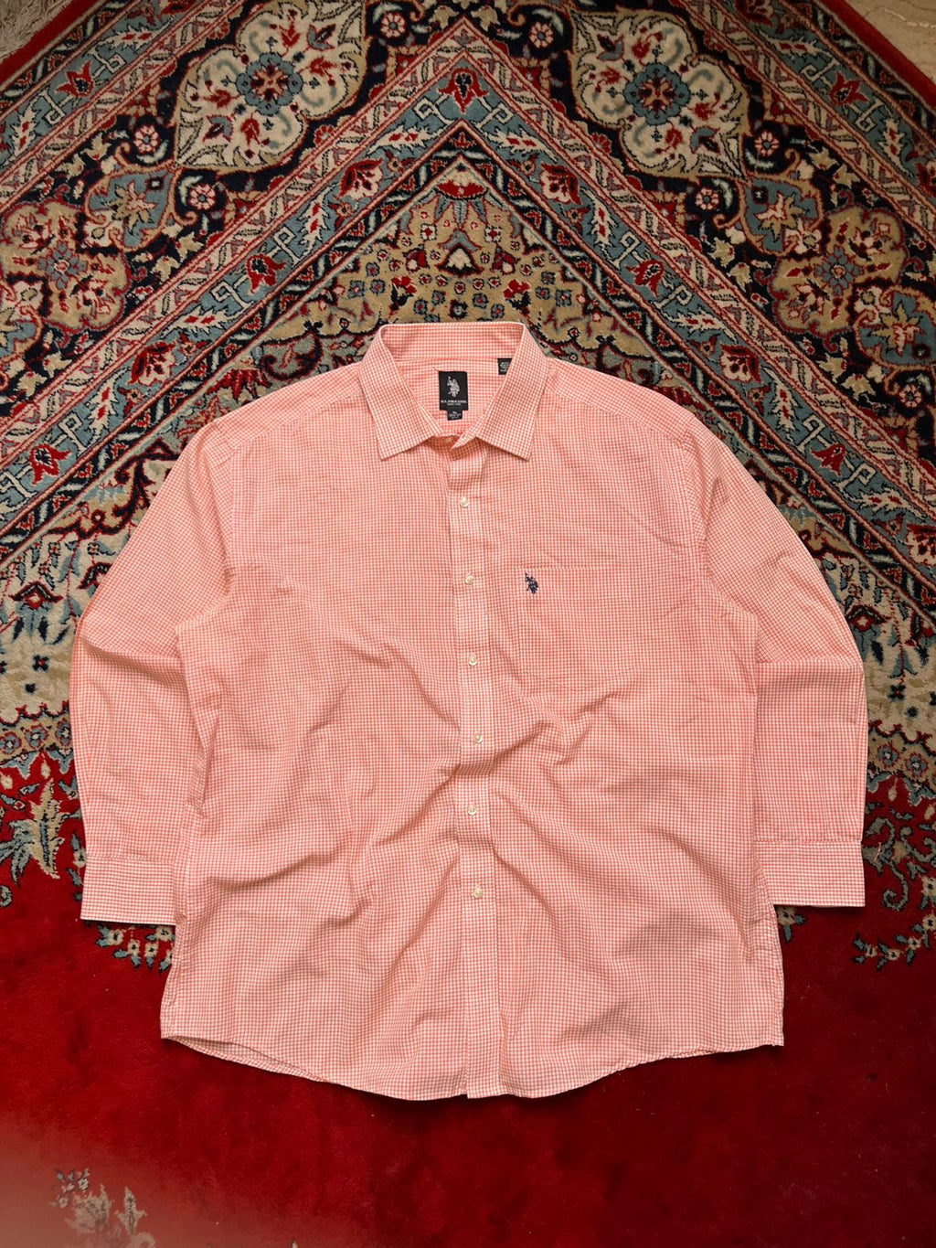 US Polo Assn Orange White Gingham Plaid Button Down Shirt - L