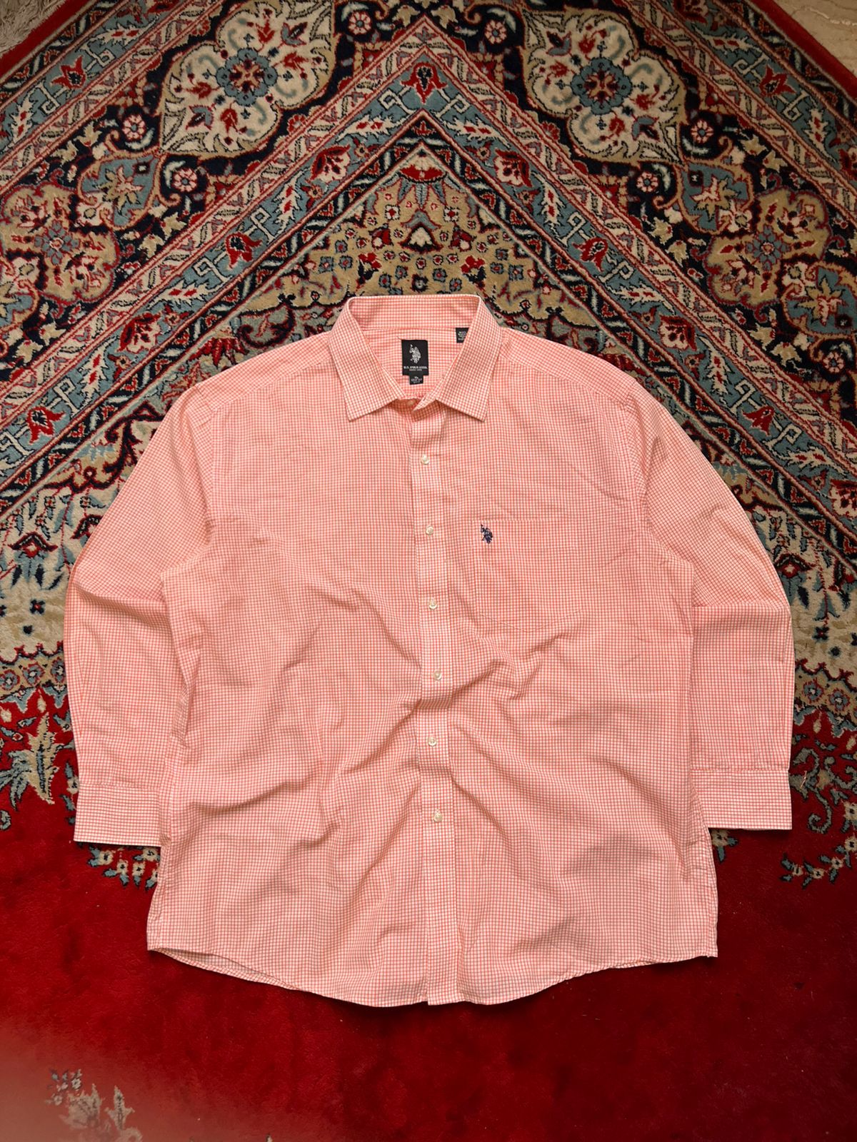 US Polo Assn Orange White Gingham Plaid Button Down Shirt - L