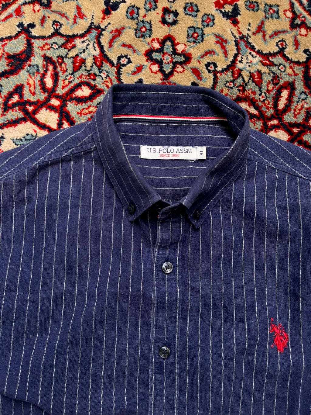 U.S. Polo Assn. Navy Blue Pinstripe Slim Fit BUTTON DOWN SHIRT - L