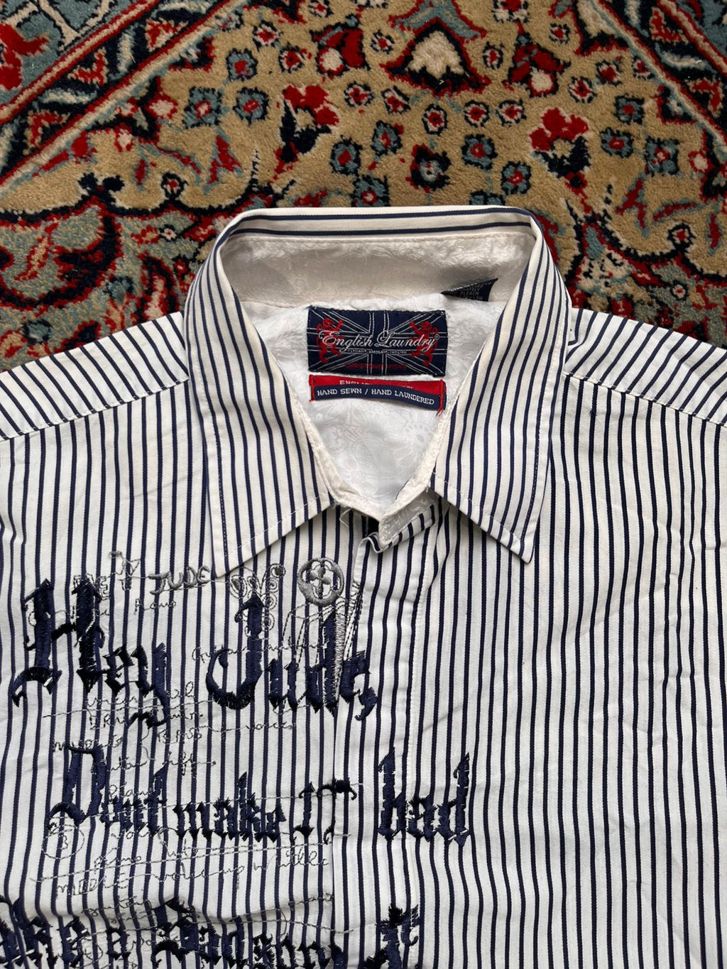English Laundry Christopher Wicks Stripe HAND SEWN Embroidered BUTTON DOWN SHIRT - XL