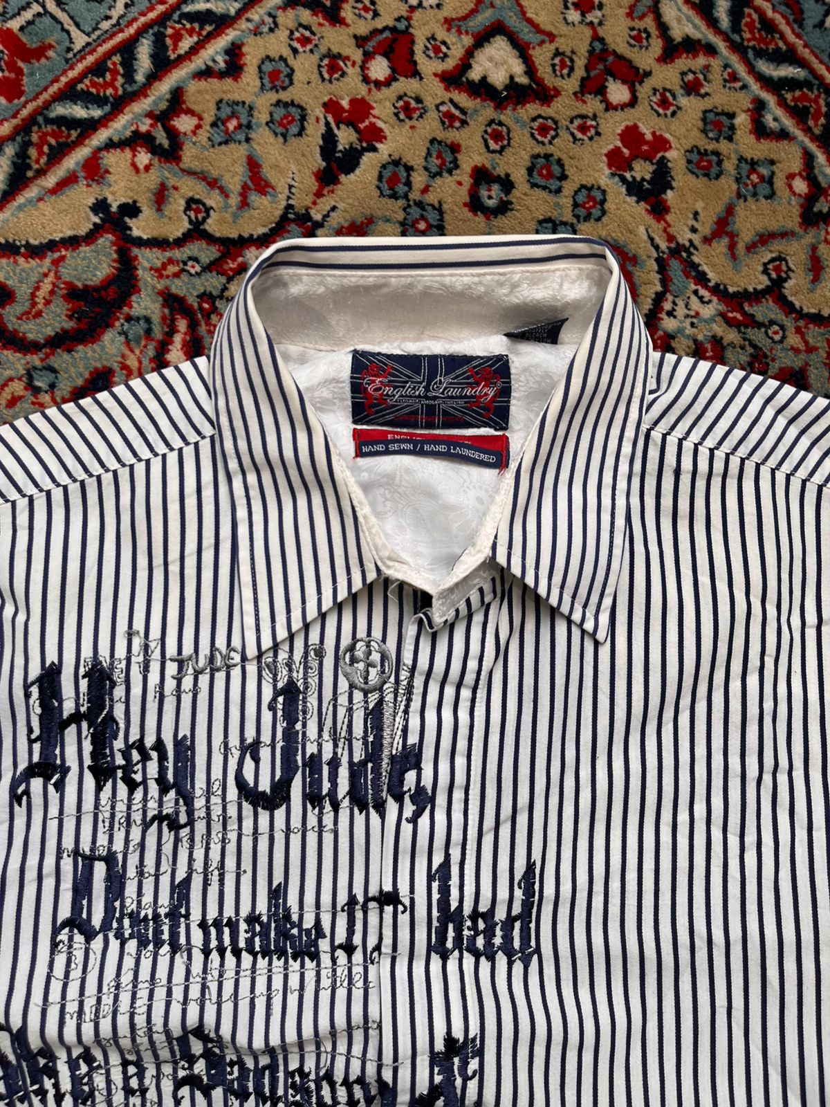 English Laundry Christopher Wicks Stripe HAND SEWN Embroidered BUTTON DOWN SHIRT - XL