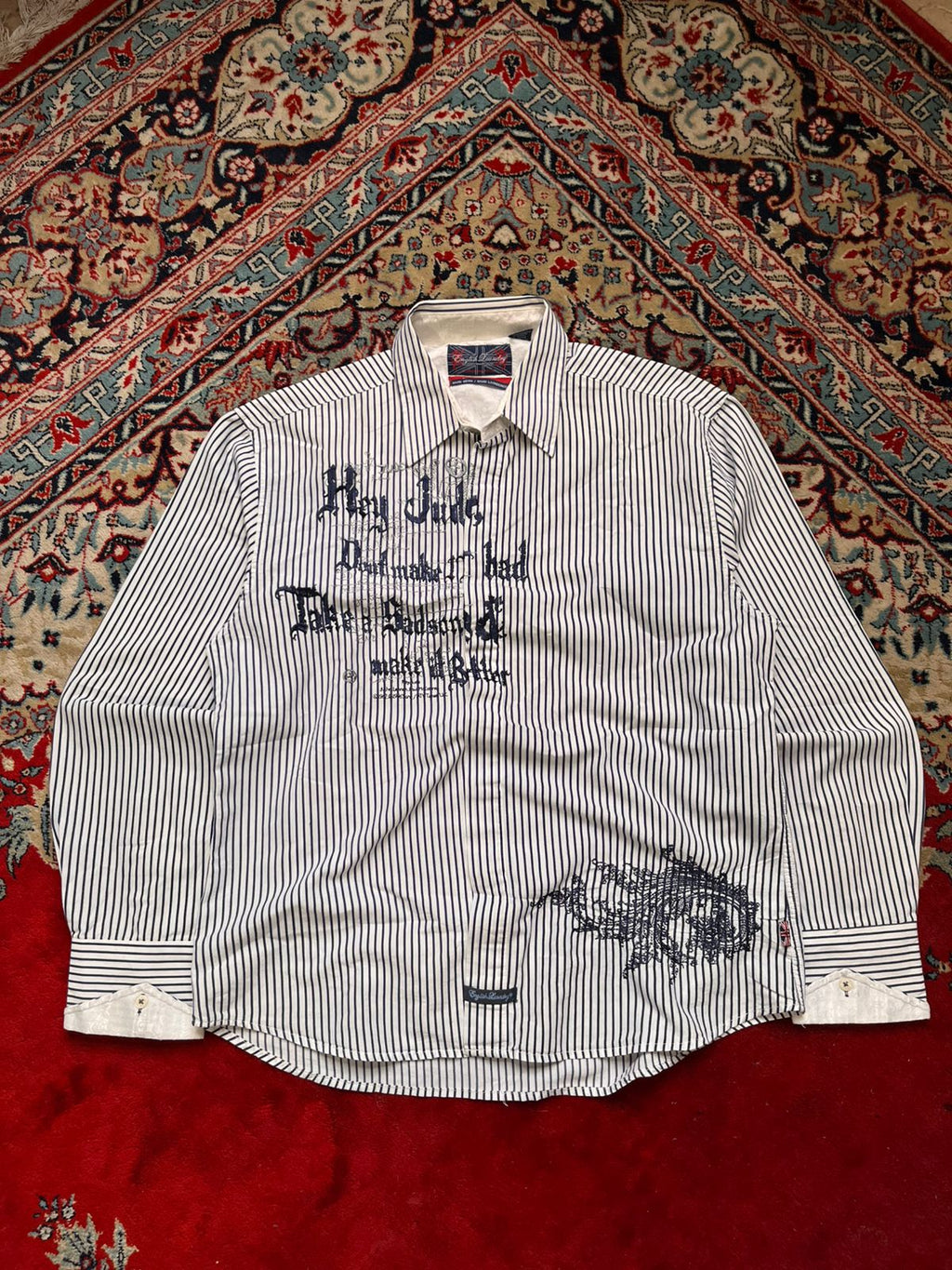 English Laundry Christopher Wicks Stripe HAND SEWN Embroidered BUTTON DOWN SHIRT - XL