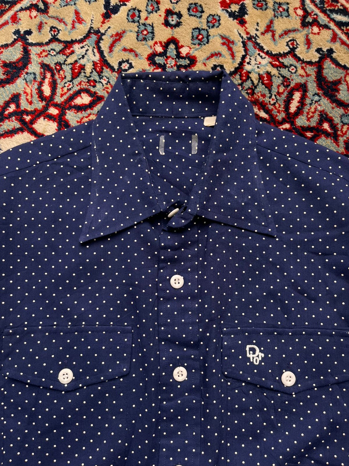VINTAGE CHRISTIAN DIOR MONSIEUR NAVY BLUE POLKA DOT BUTTON DOWN SHIRT - L