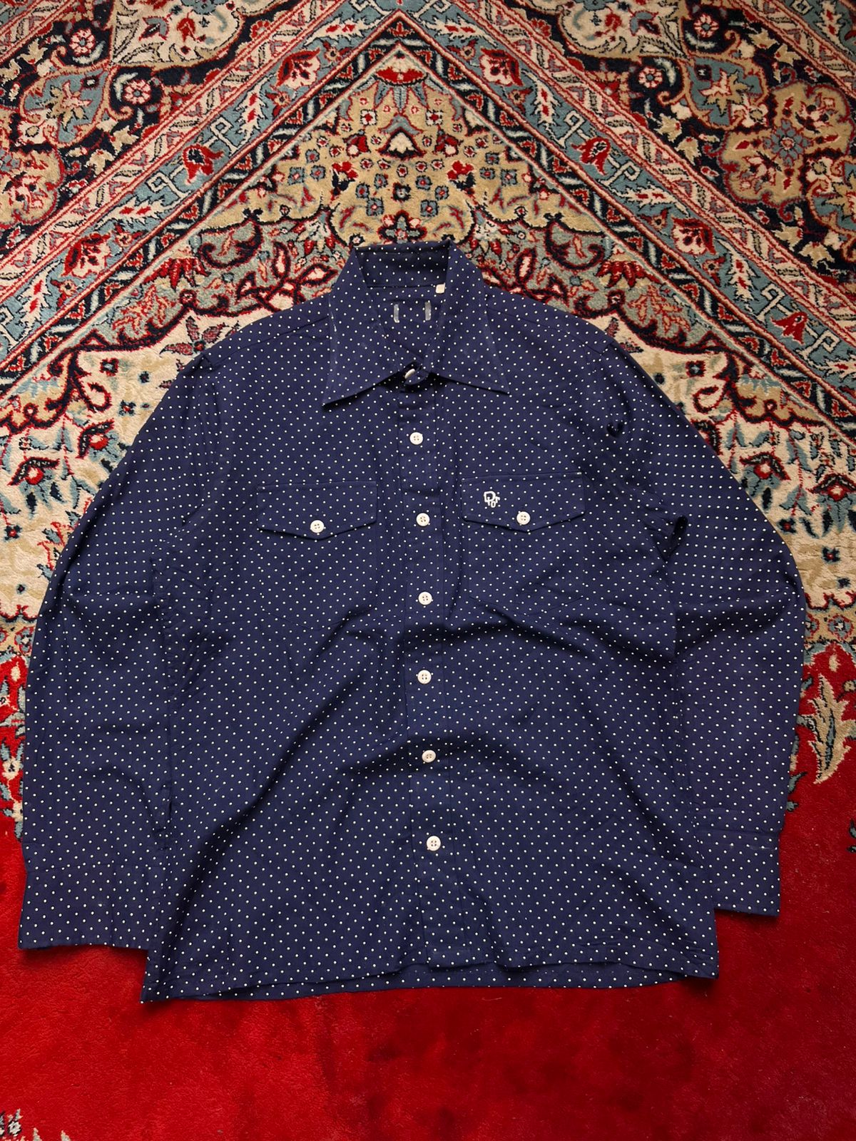 VINTAGE CHRISTIAN DIOR MONSIEUR NAVY BLUE POLKA DOT BUTTON DOWN SHIRT - L