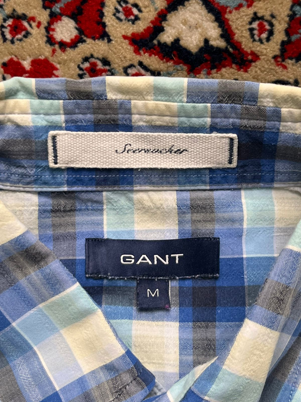 GANT BLUE WHITE PLAID SEERSUCKER LOGO BUTTON DOWN SHIRT - M