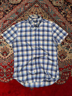 GANT BLUE WHITE PLAID SEERSUCKER LOGO BUTTON DOWN SHIRT - M