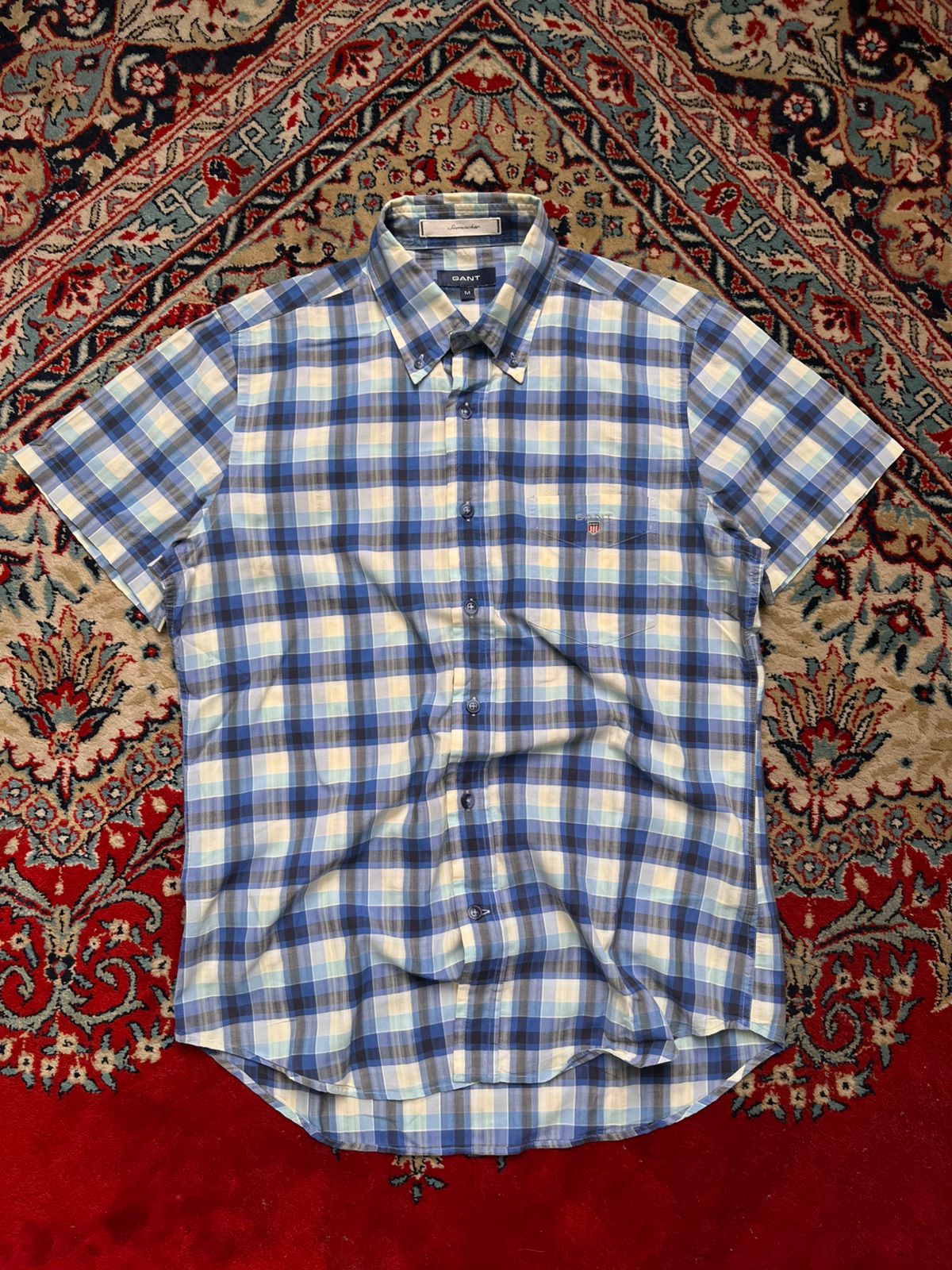 GANT BLUE WHITE PLAID SEERSUCKER LOGO BUTTON DOWN SHIRT - M