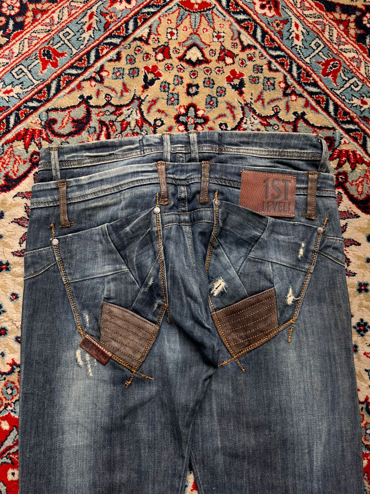 1st Level Salsa Blue Distressed Leather Trim Detail Straight FIT Jeans - 30