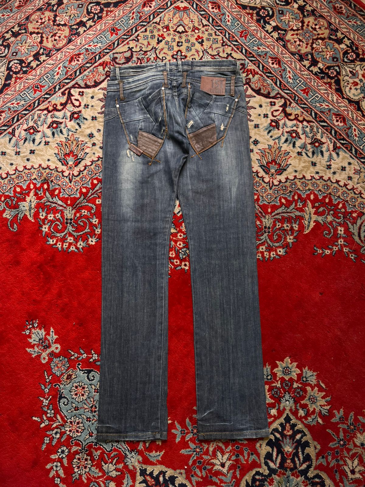 1st Level Salsa Blue Distressed Leather Trim Detail Straight FIT Jeans - 30