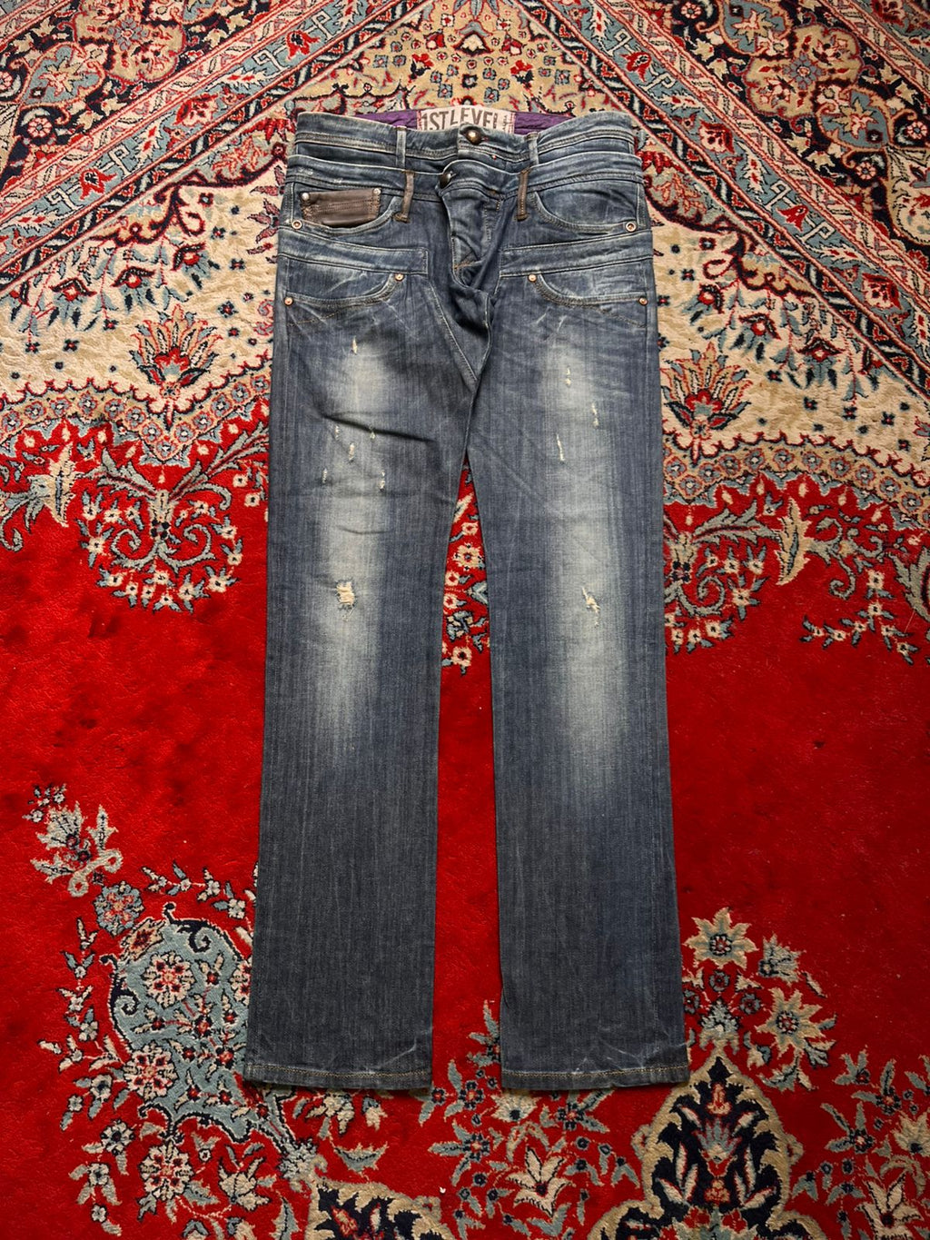 1st Level Salsa Blue Distressed Leather Trim Detail Straight FIT Jeans - 30