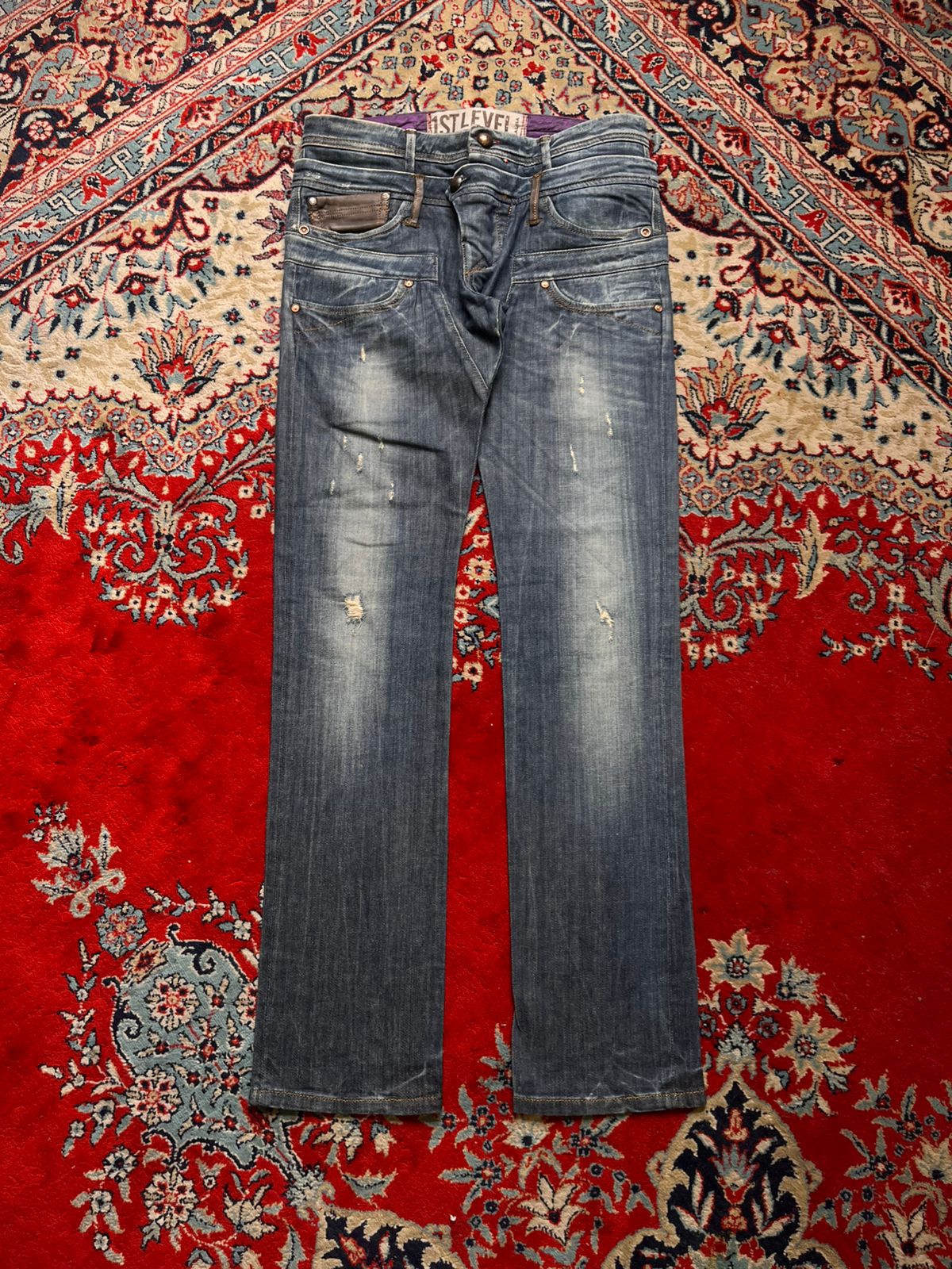 1st Level Salsa Blue Distressed Leather Trim Detail Straight FIT Jeans - 30