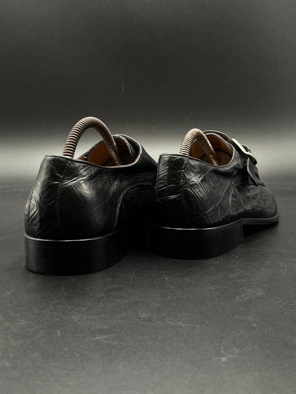 H by Hudson's Black Crocodile Embossed Leather Monk Strap Shoes - 43