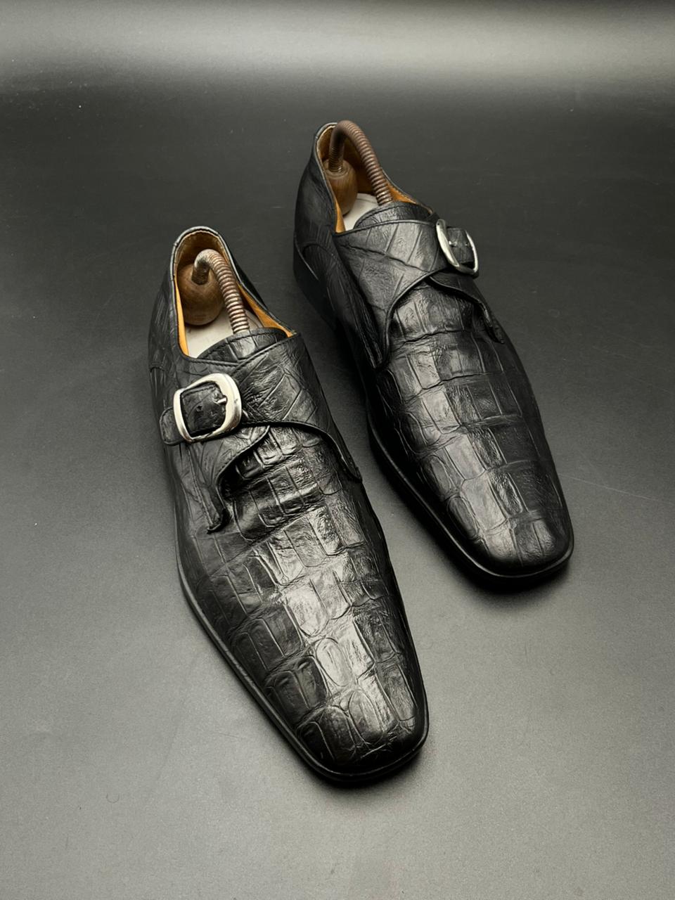 H by Hudson's Black Crocodile Embossed Leather Monk Strap Shoes - 43