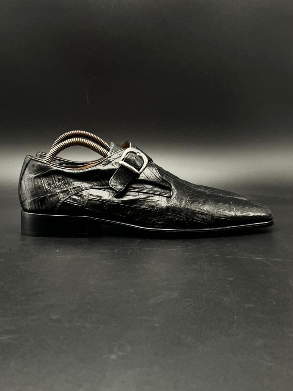 H by Hudson's Black Crocodile Embossed Leather Monk Strap Shoes - 43
