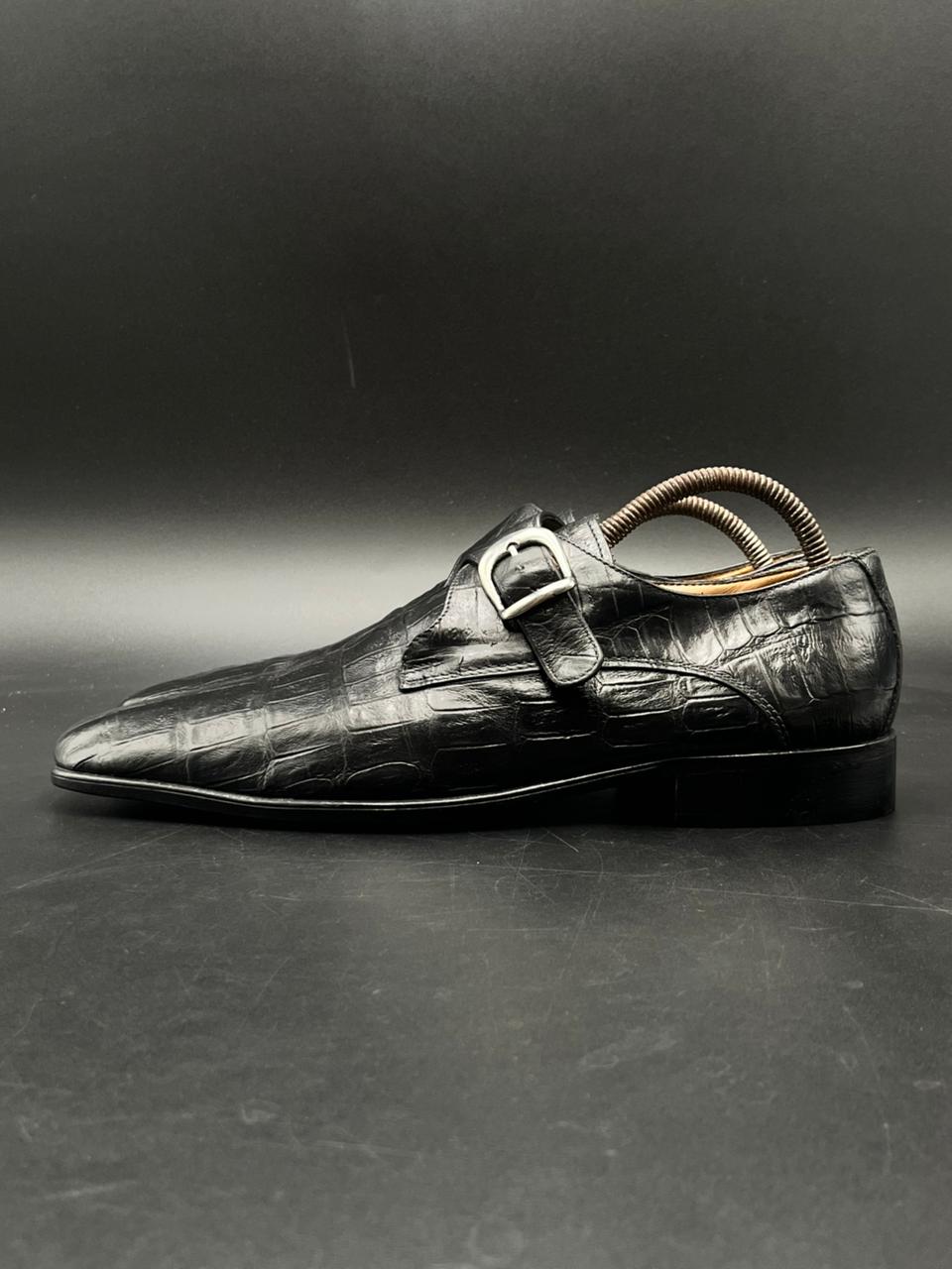 H by Hudson's Black Crocodile Embossed Leather Monk Strap Shoes - 43
