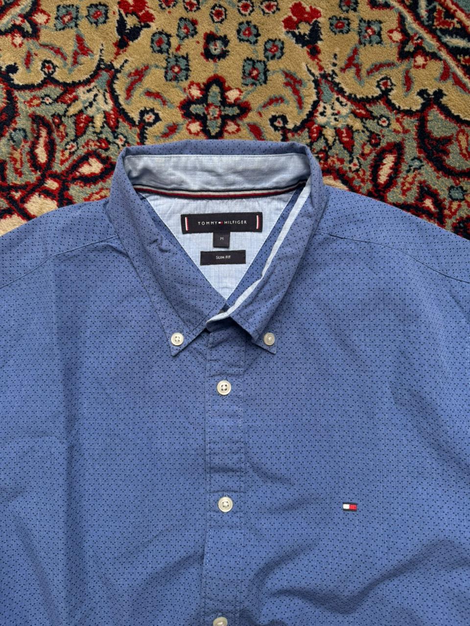 TOMMY HILFIGER  Slim Fit Blue Dotted Cotton BUTTON DOWN SHIRT - L