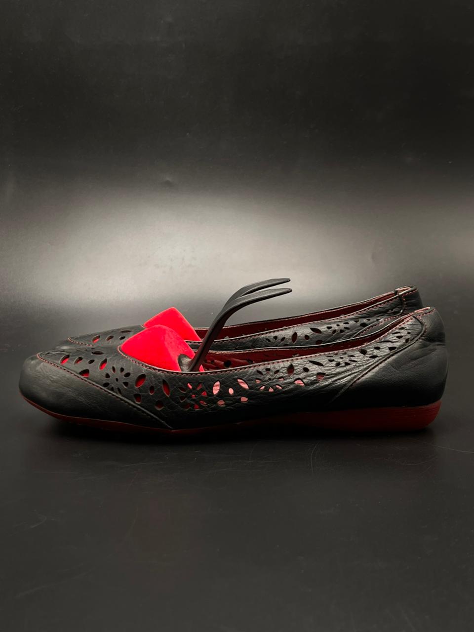 Greyder Perforated Black Red Leather Comfort Flats - 36