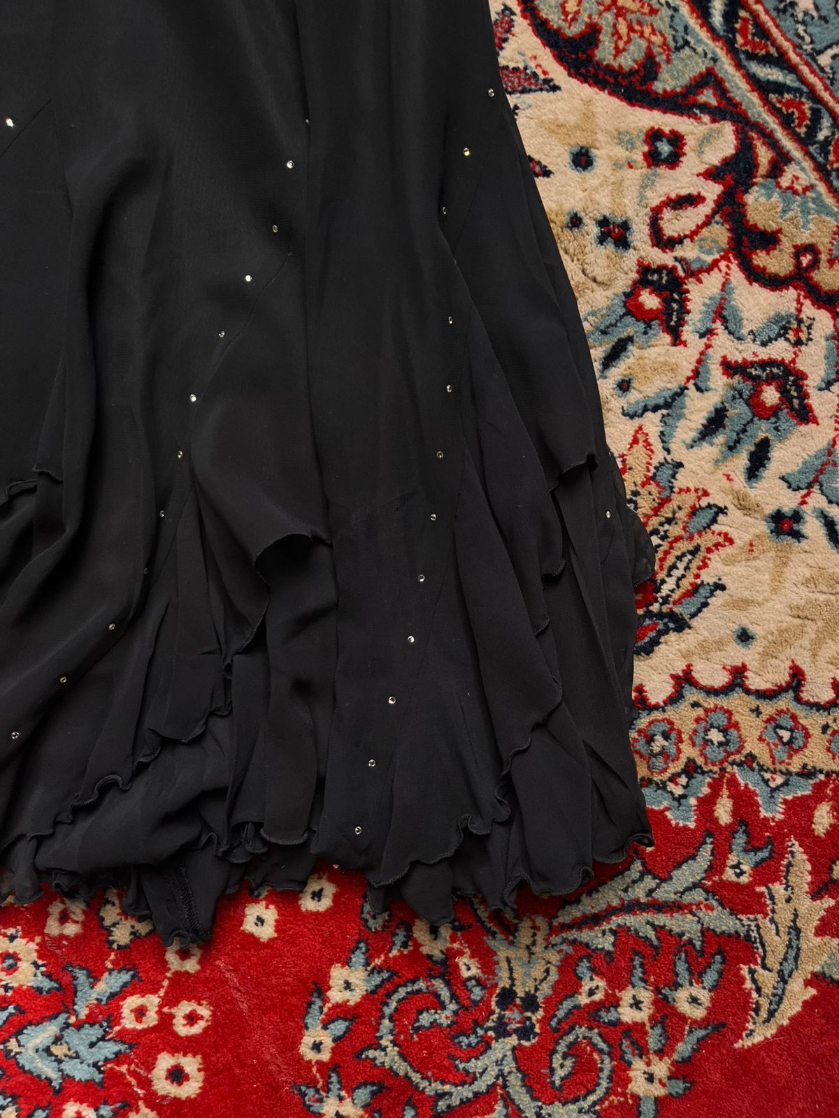 U’NA Black Layered Ruffle Midi Rhinestone Embellished Chiffon Skirt - 24