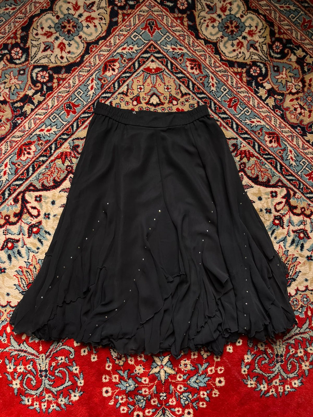 U’NA Black Layered Ruffle Midi Rhinestone Embellished Chiffon Skirt - 24