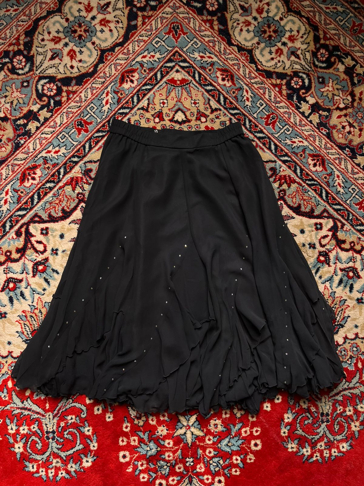 U’NA Black Layered Ruffle Midi Rhinestone Embellished Chiffon Skirt - 24