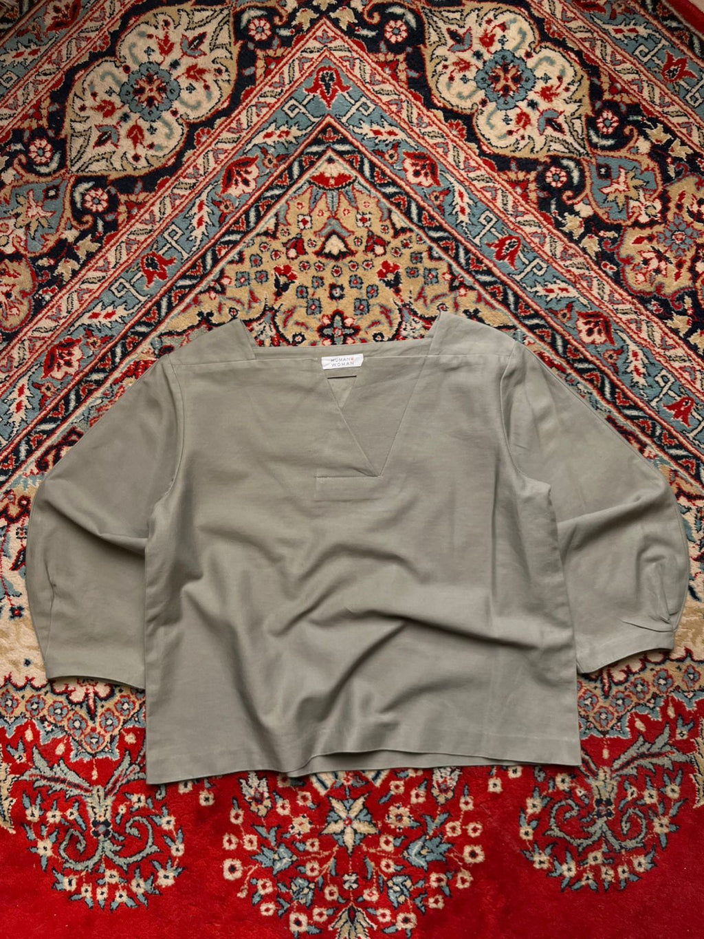 HUMAN WOMAN Sage Green Cotton Linen Blend V-Neck Blouse - L