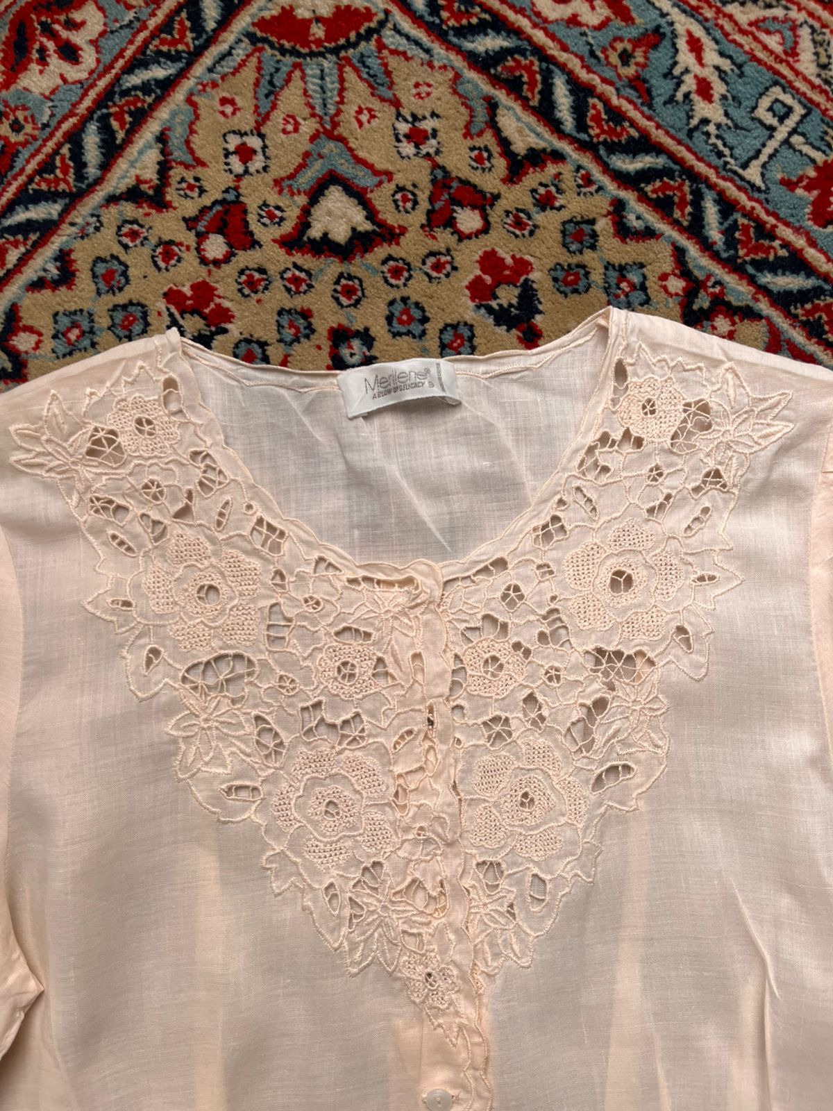 Vintage MERILENE Pale Pink Linen Embroidered Floral Lace Blouse - M