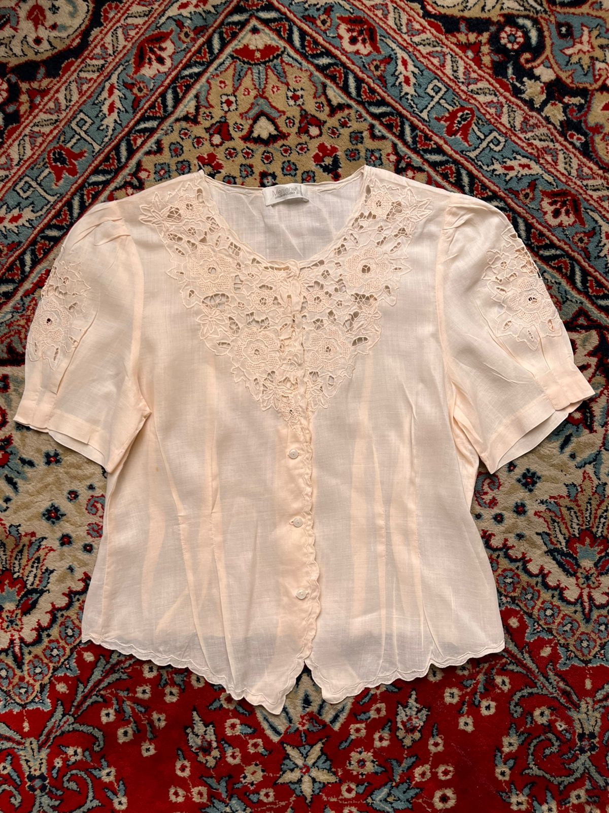 Vintage MERILENE Pale Pink Linen Embroidered Floral Lace Blouse - M