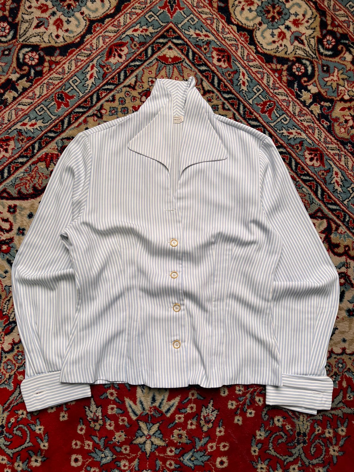 Vintage Style Primary Womens Striped V-Neck  Button Up Blouse - L