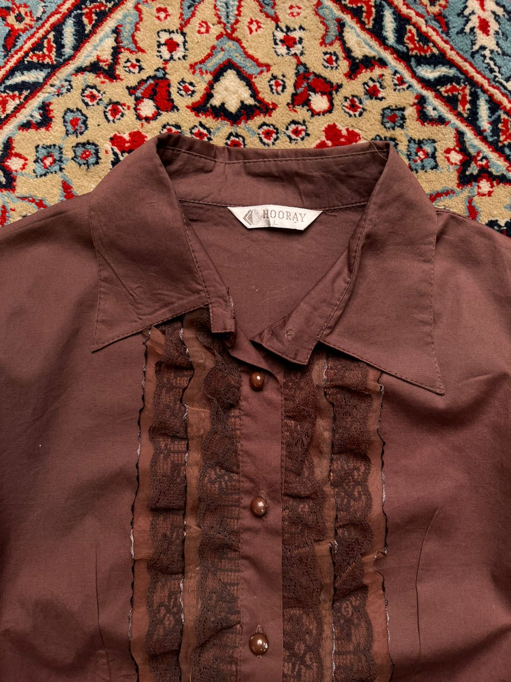 Hooray Brown Cotton Lace Ruffle Victorian Style BlousE - XL