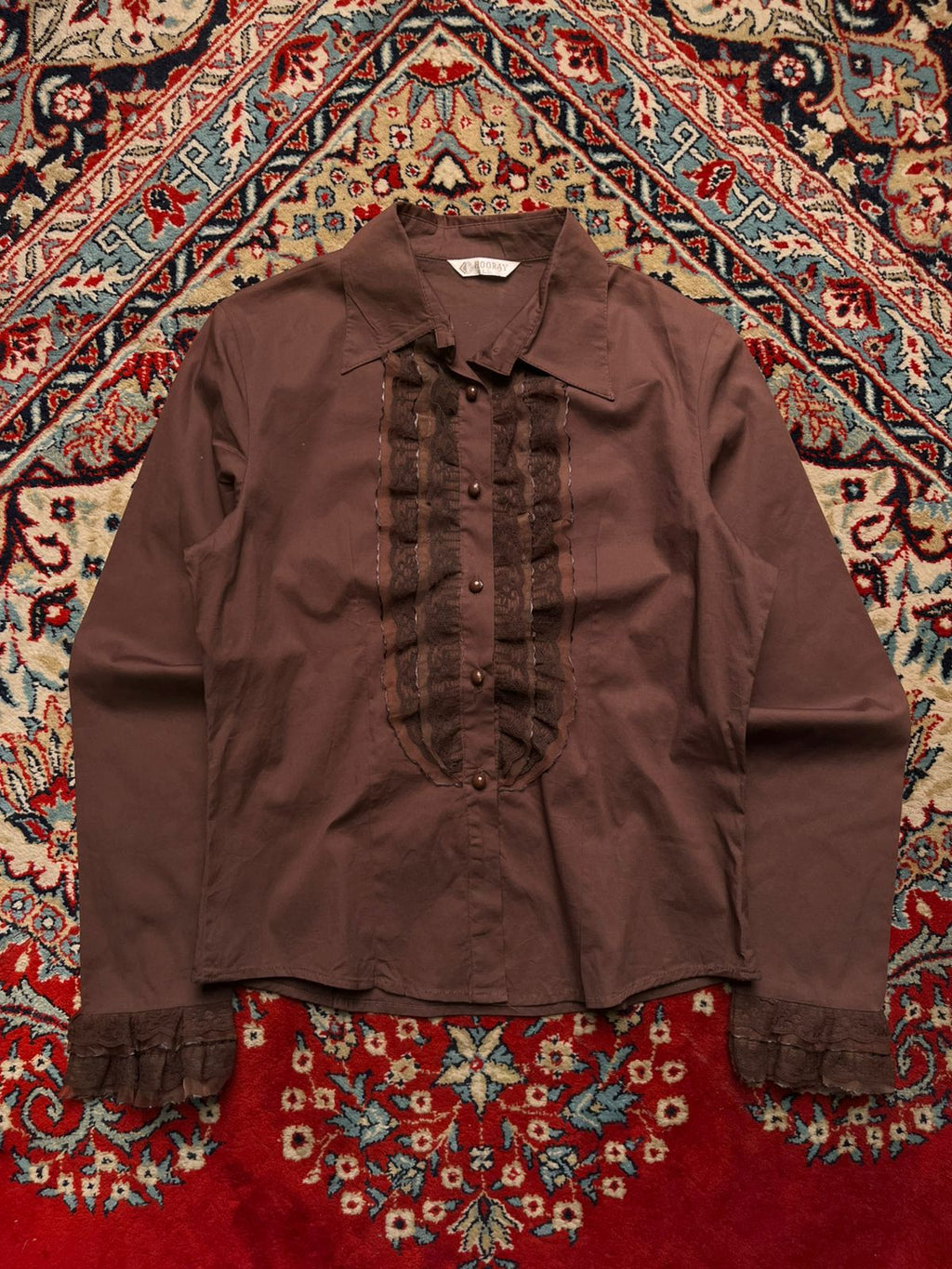 Hooray Brown Cotton Lace Ruffle Victorian Style BlousE - XL