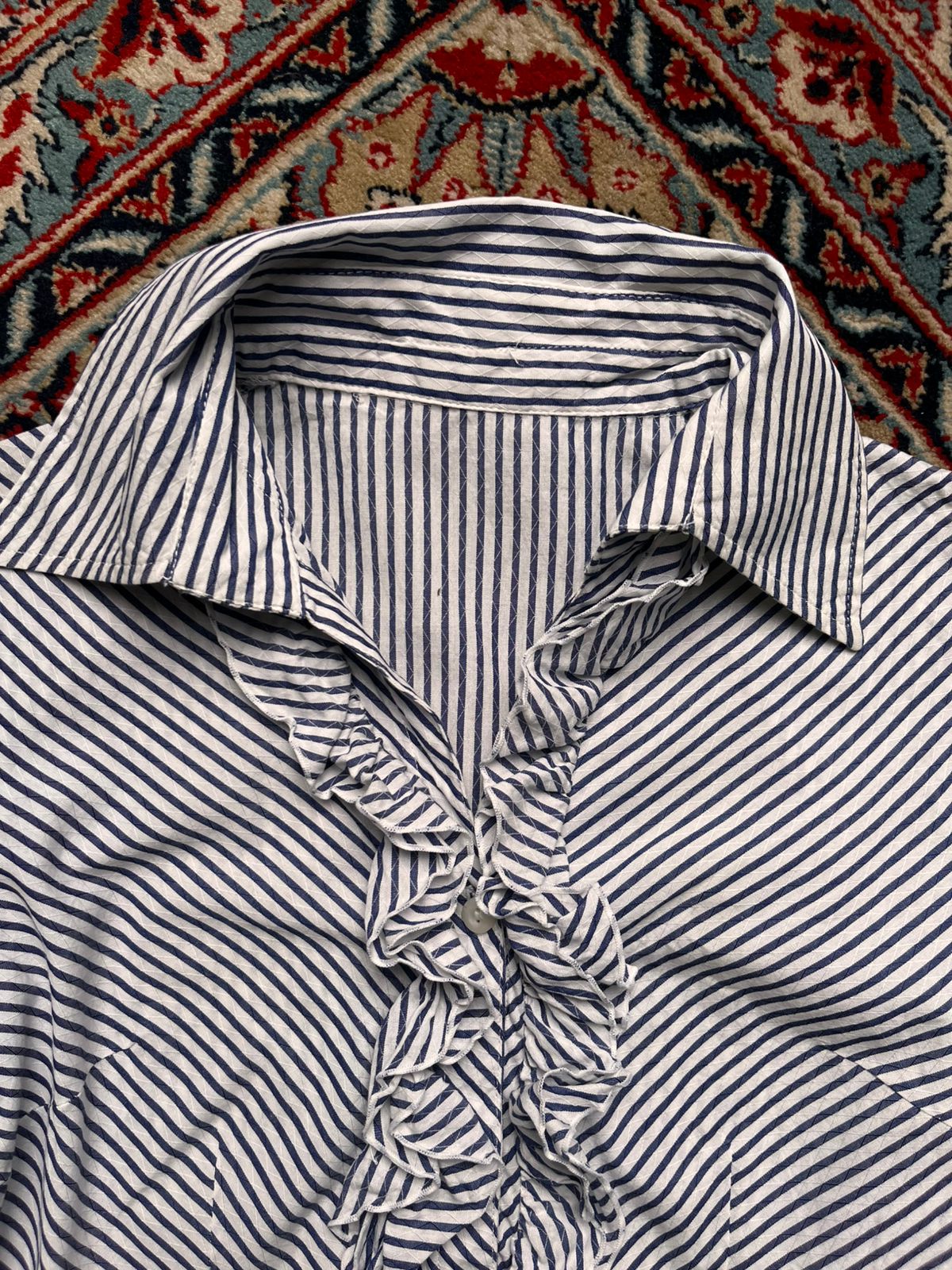 Vintage Seersucker Striped Ruffle Front Puff Sleeve Blouse - M