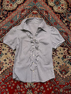 Vintage Seersucker Striped Ruffle Front Puff Sleeve Blouse - M