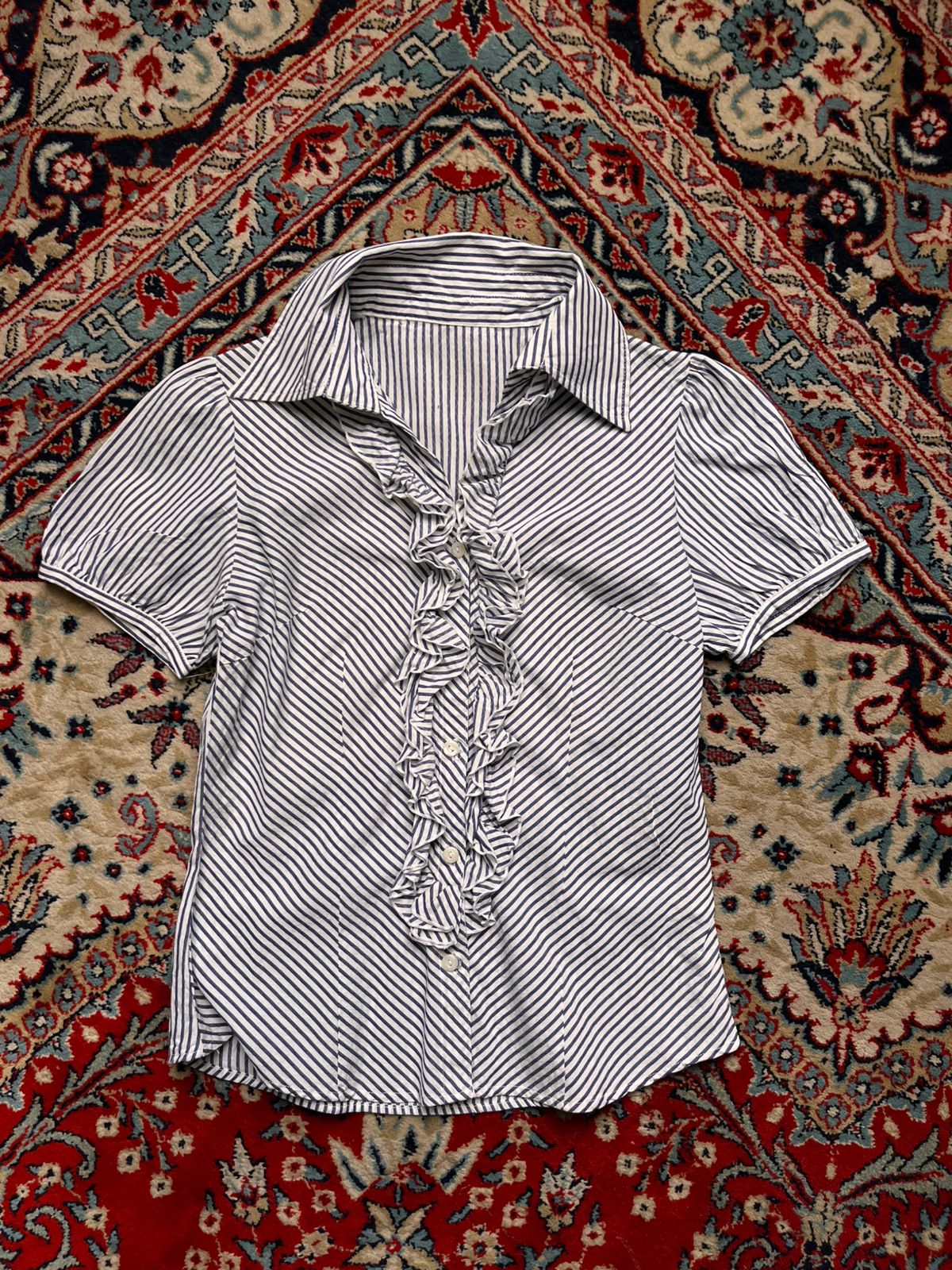 Vintage Seersucker Striped Ruffle Front Puff Sleeve Blouse - M