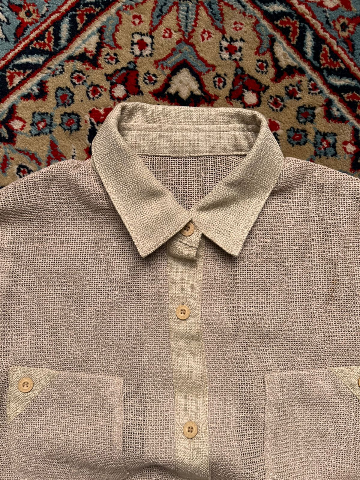 Vintage Hanasaki Mesh Knit Hem Button Up ShirT - M
