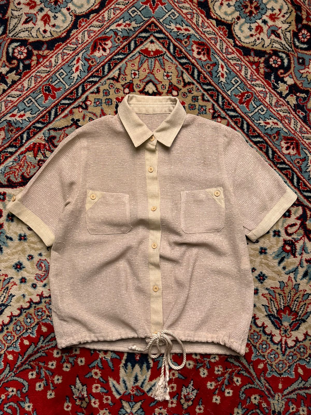 Vintage Hanasaki Mesh Knit Hem Button Up ShirT - M